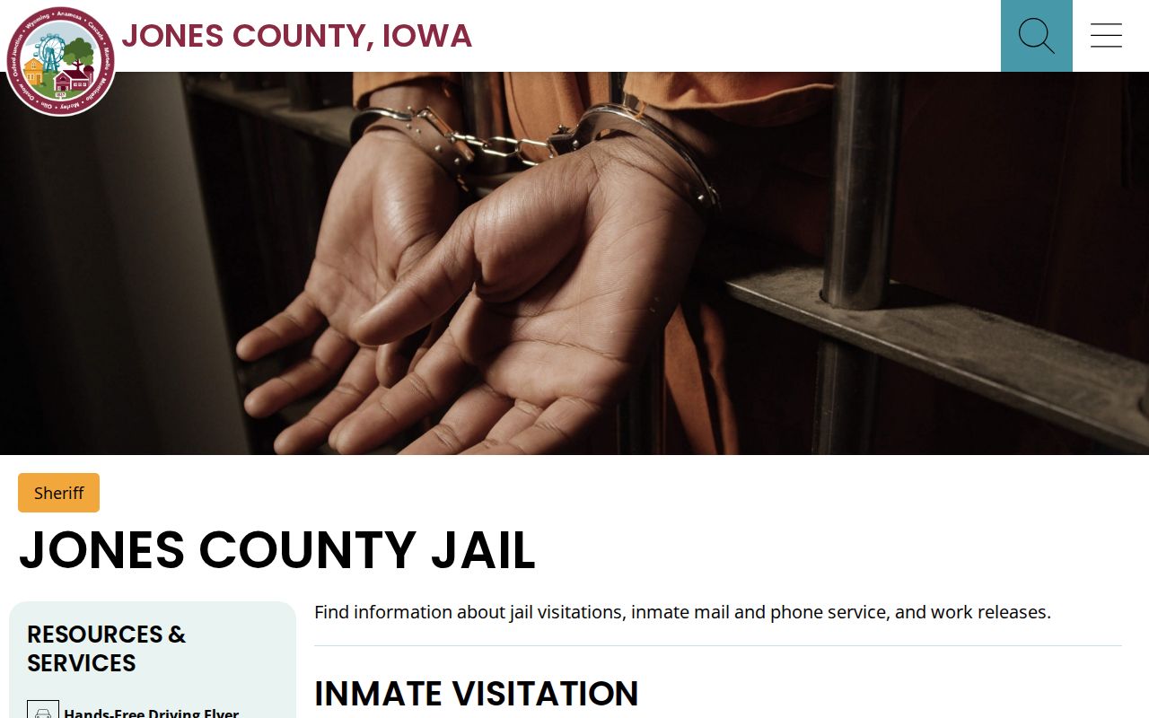 Jones County Jail services page distinct from an active warrant search