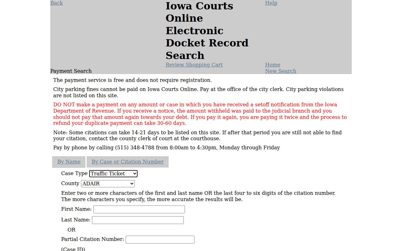 Iowa Courts Online case and citation search payment screen