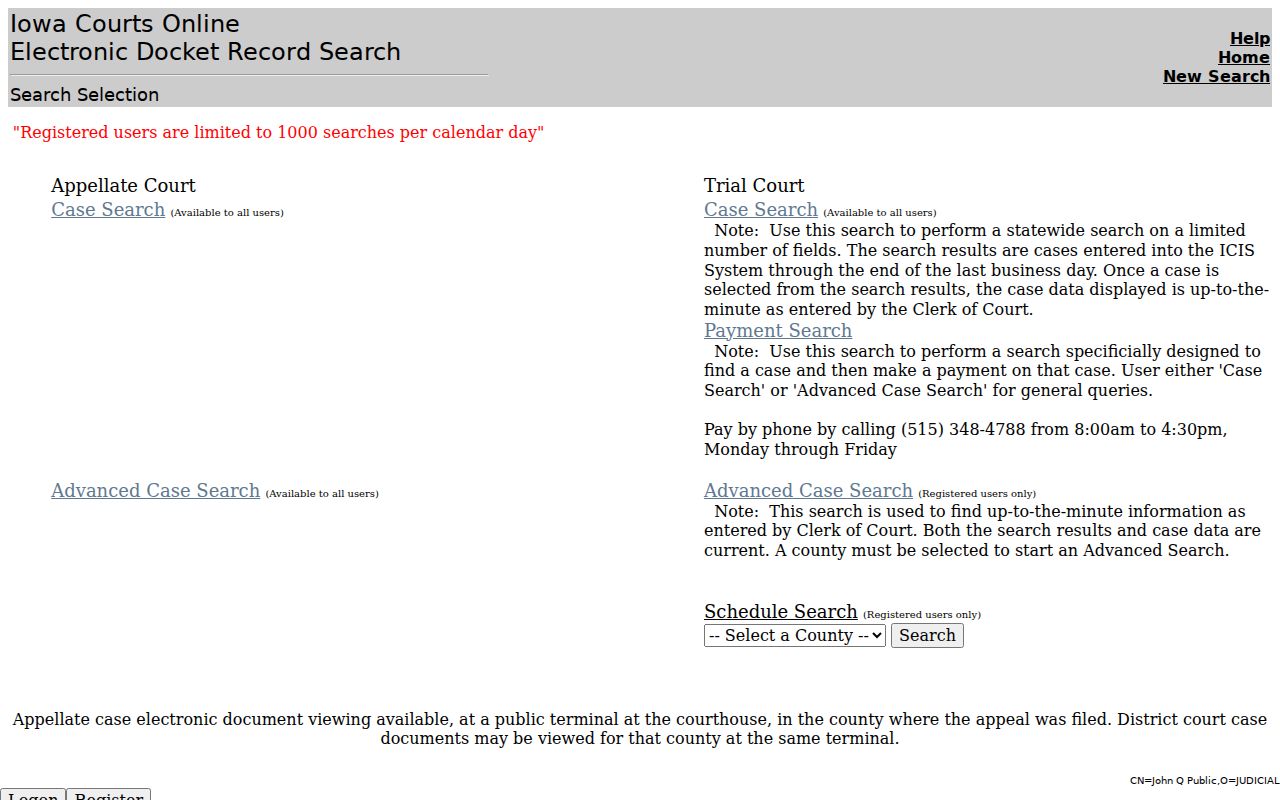 Official Iowa Courts Online trial court search controls for Jones County case research